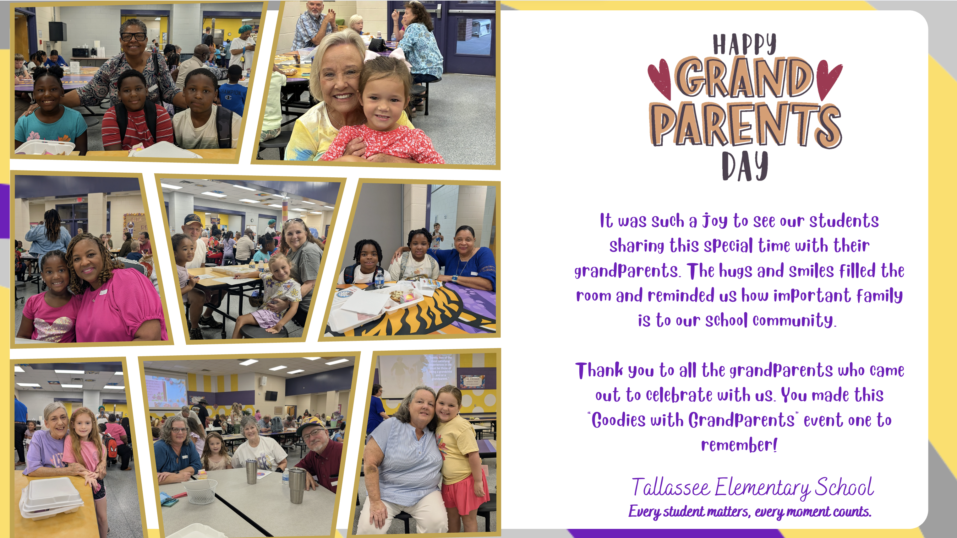 A collage of photos featuring students and grandparents celebrating Grandparents Day at Tallassee Elementary School.