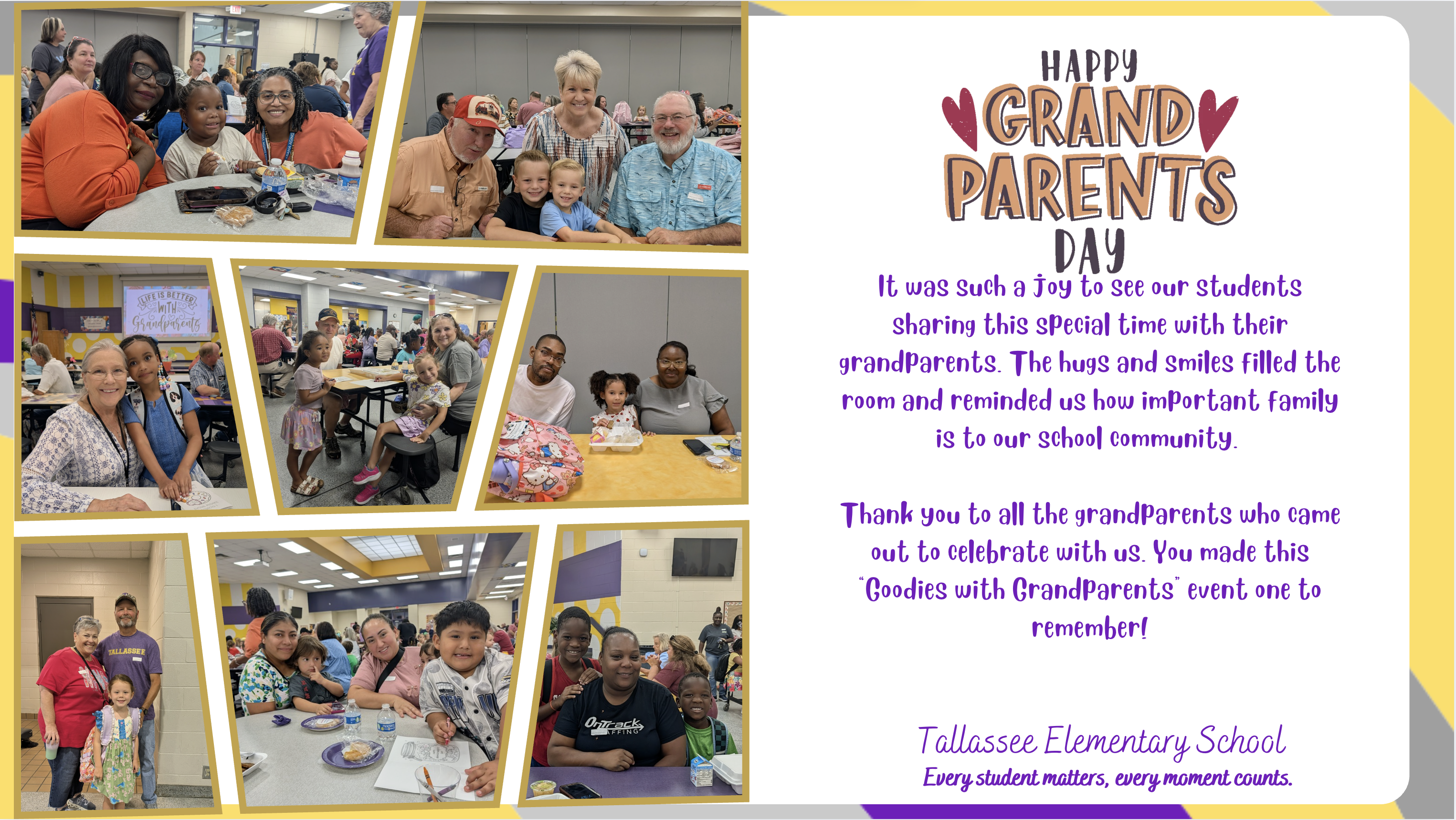 A collage of photos featuring students and grandparents celebrating Grandparents Day at Tallassee Elementary School.