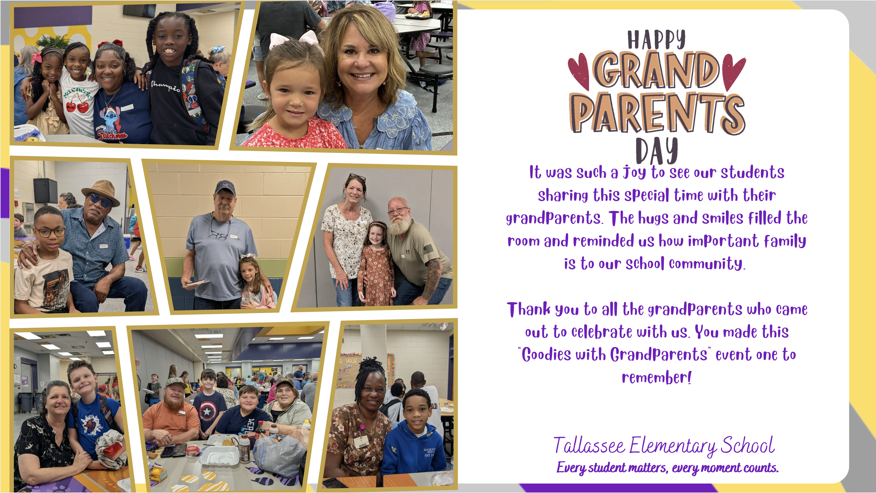 A collage of photos featuring students and grandparents celebrating Grandparents Day at Tallassee Elementary School.