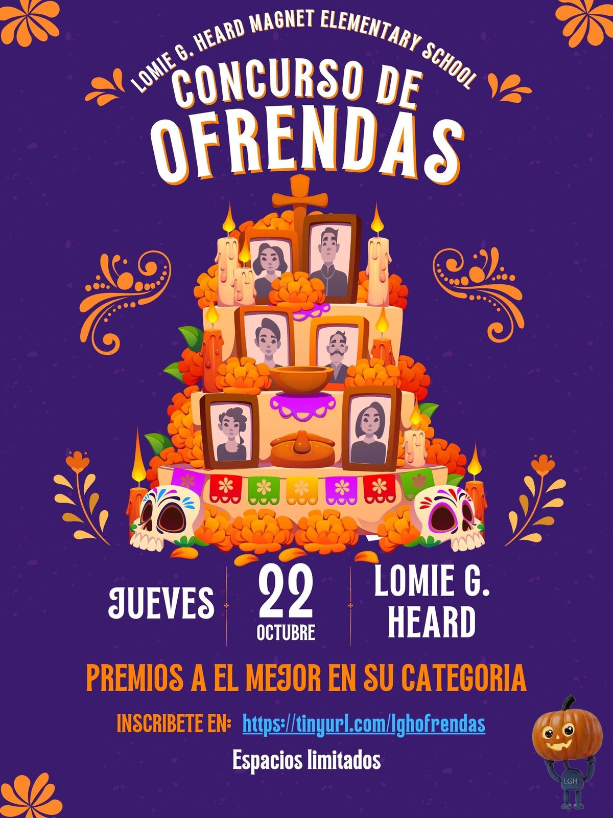A purple poster for a school ofrenda contest, featuring an illustrated altar decorated with marigolds, candles, framed portraits, sugar skulls, and papel picado.