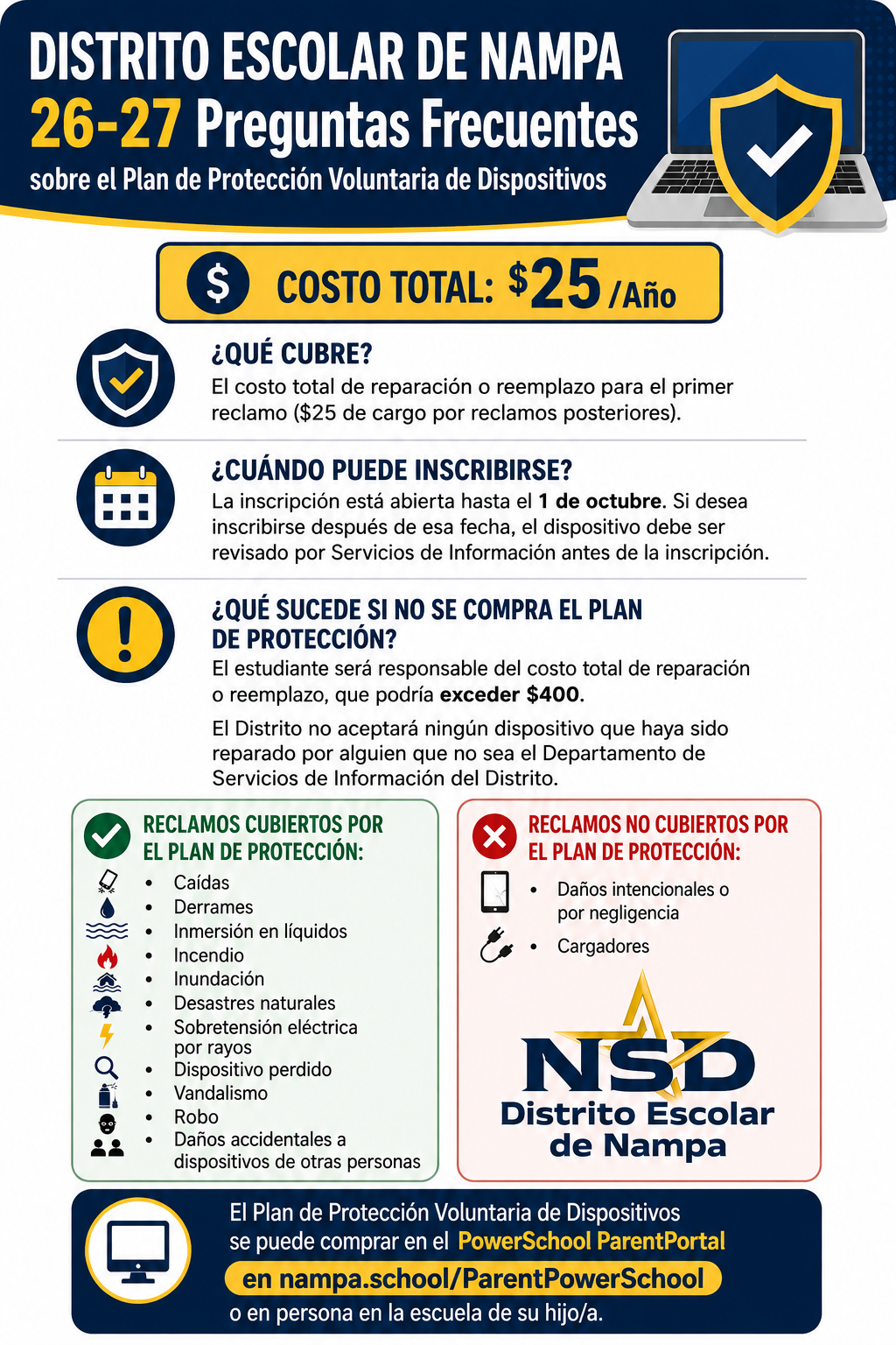 An informational graphic in Spanish detailing the Nampa School District's voluntary device protection plan for 26-27.