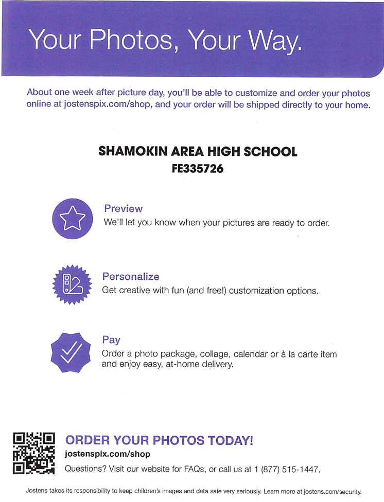 An informational flyer for Shamokin Area High School detailing photo ordering steps: preview, personalize, and pay.