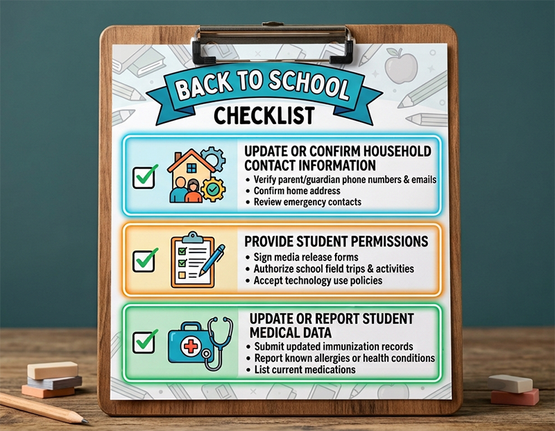 A 'Back to School Checklist' is displayed on a clipboard, detailing tasks for household contact info, student permissions, and medical data.