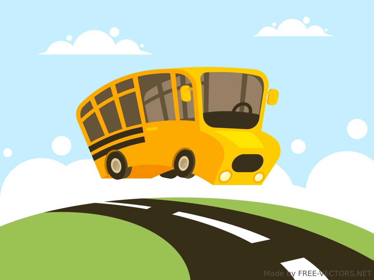 A bright yellow school bus drives on a winding road under a blue sky with clouds.