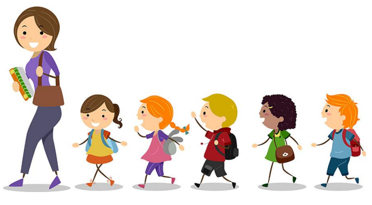 A teacher leads a line of diverse schoolchildren, each with a backpack, walking forward.