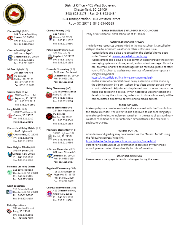 A document lists contact information and addresses for various schools in Chesterfield County, South Carolina.