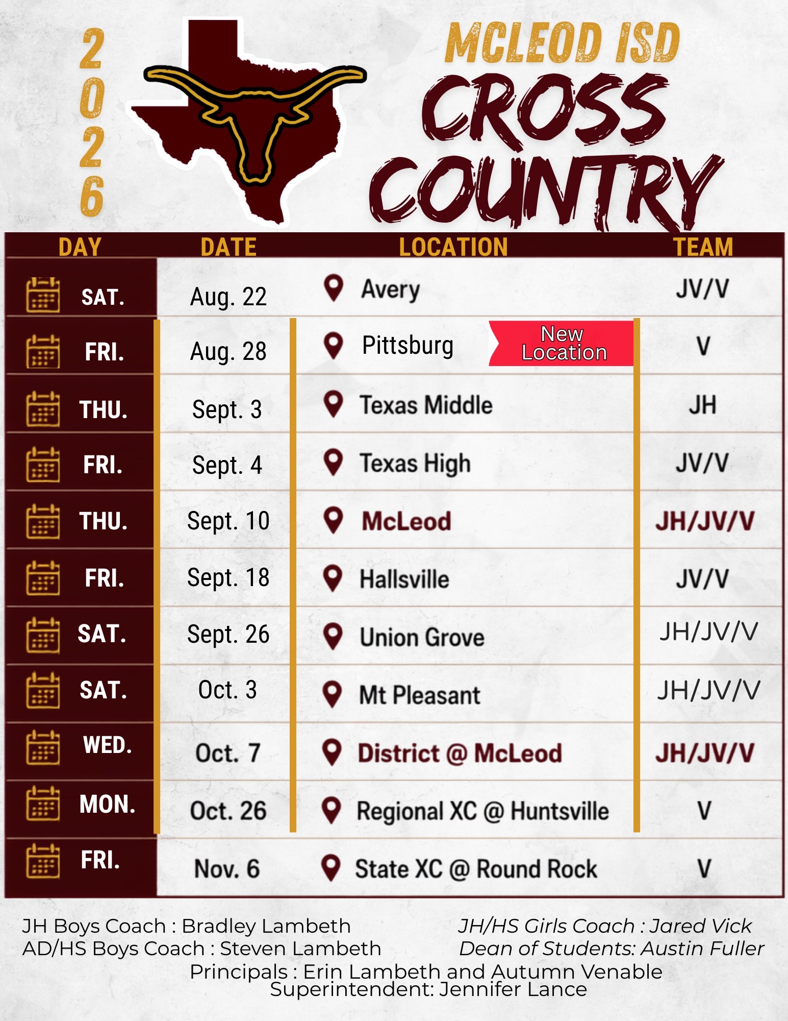Updated Cross Country Schedule