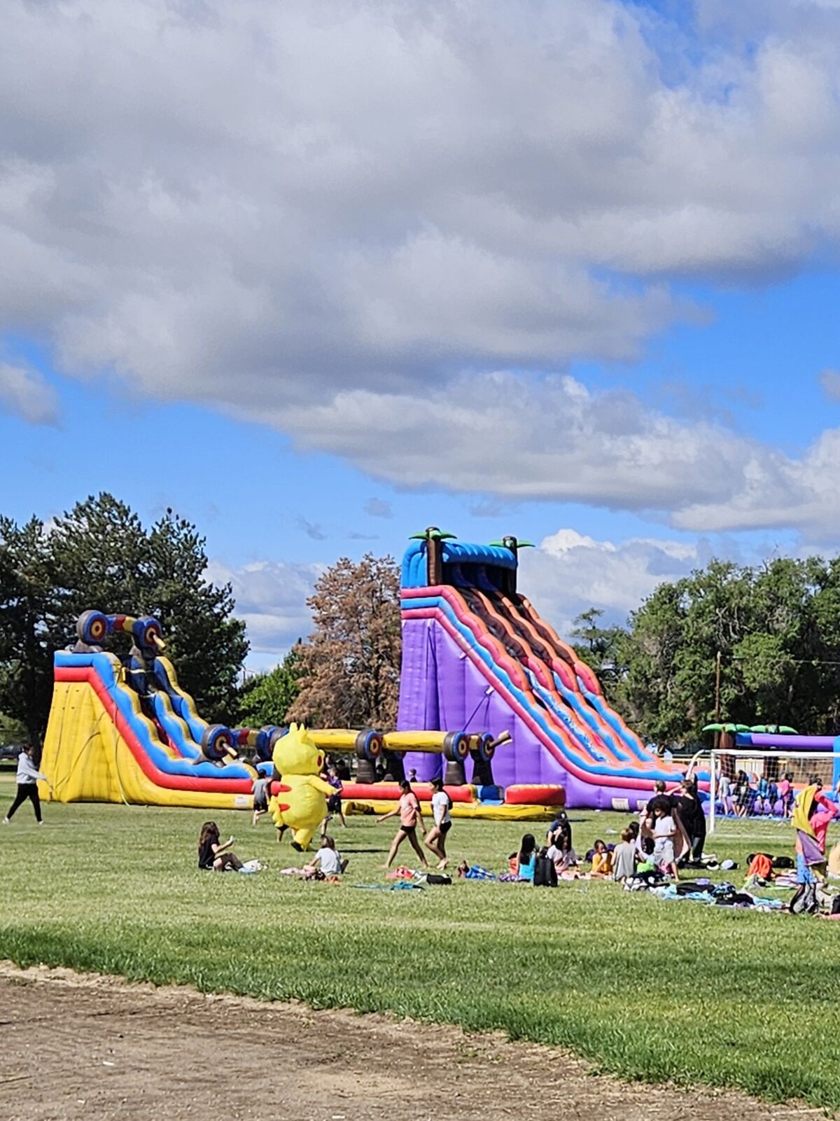 A vibrant outdoor event features large inflatable slides and obstacle courses on a grassy field.