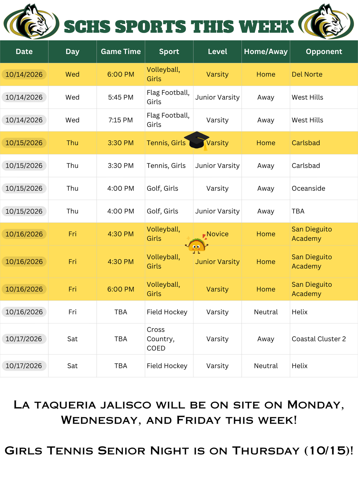 SCHS Sports Schedule