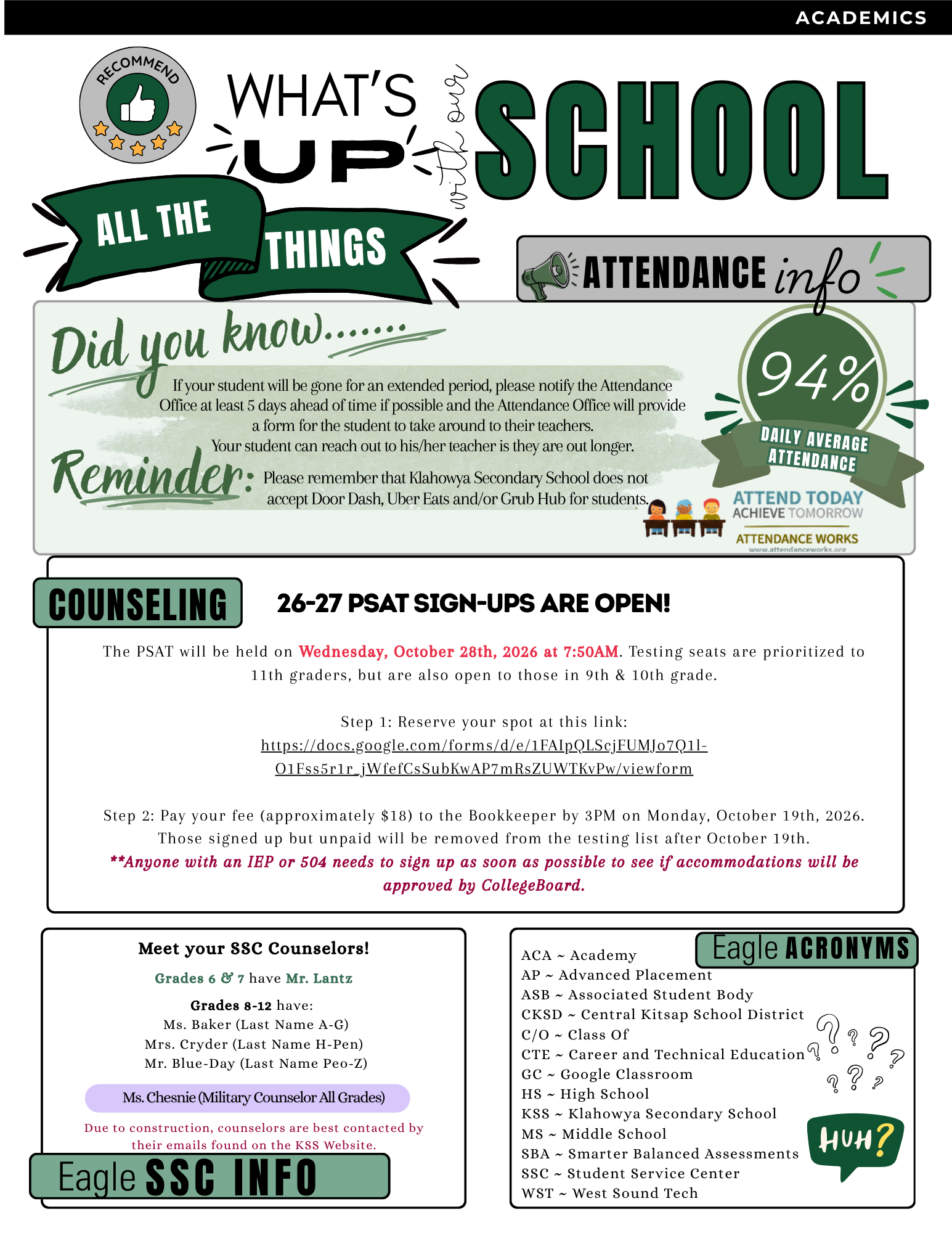A school newsletter featuring sections for academics, attendance info with a 94 percent daily average, and counseling updates.