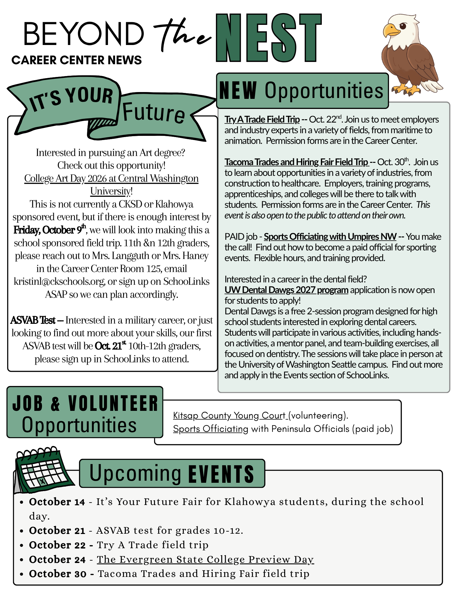 A career center newsletter titled 'Beyond the Nest' features upcoming opportunities, job listings, and school events.