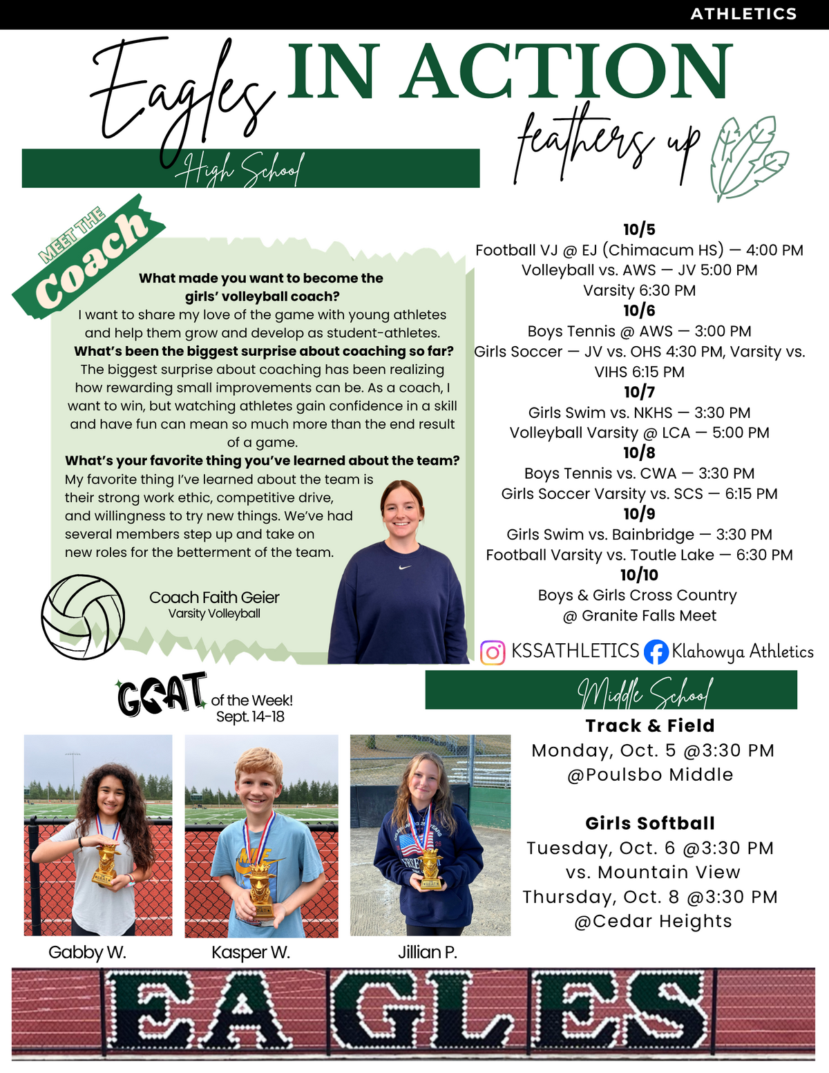 A school athletics newsletter titled 'Eagles IN ACTION' featuring an interview with volleyball coach Faith Geier.