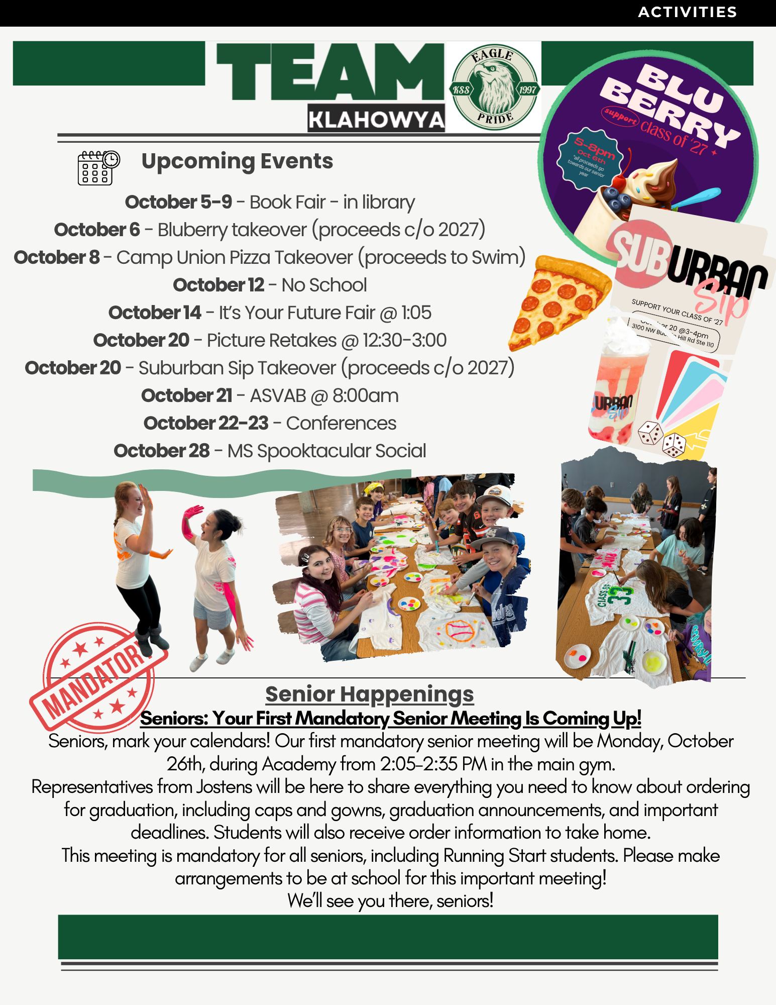 A school newsletter page titled "Team Klahowya" lists upcoming October events, fundraisers, and senior activities.