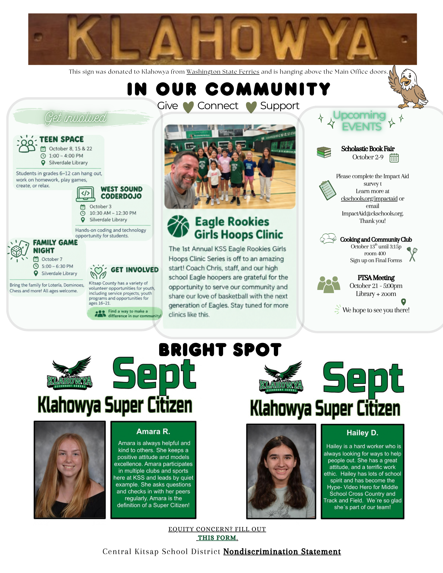 A community newsletter with sections for Get Involved, Upcoming Events, and Bright Spot Super Citizens.