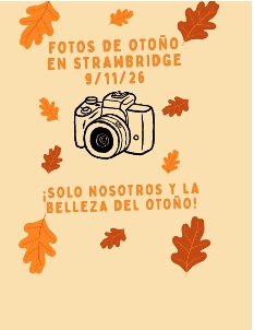 A light yellow poster features a black and white camera graphic surrounded by falling orange autumn leaves, with Spanish text advertising autumn photos.