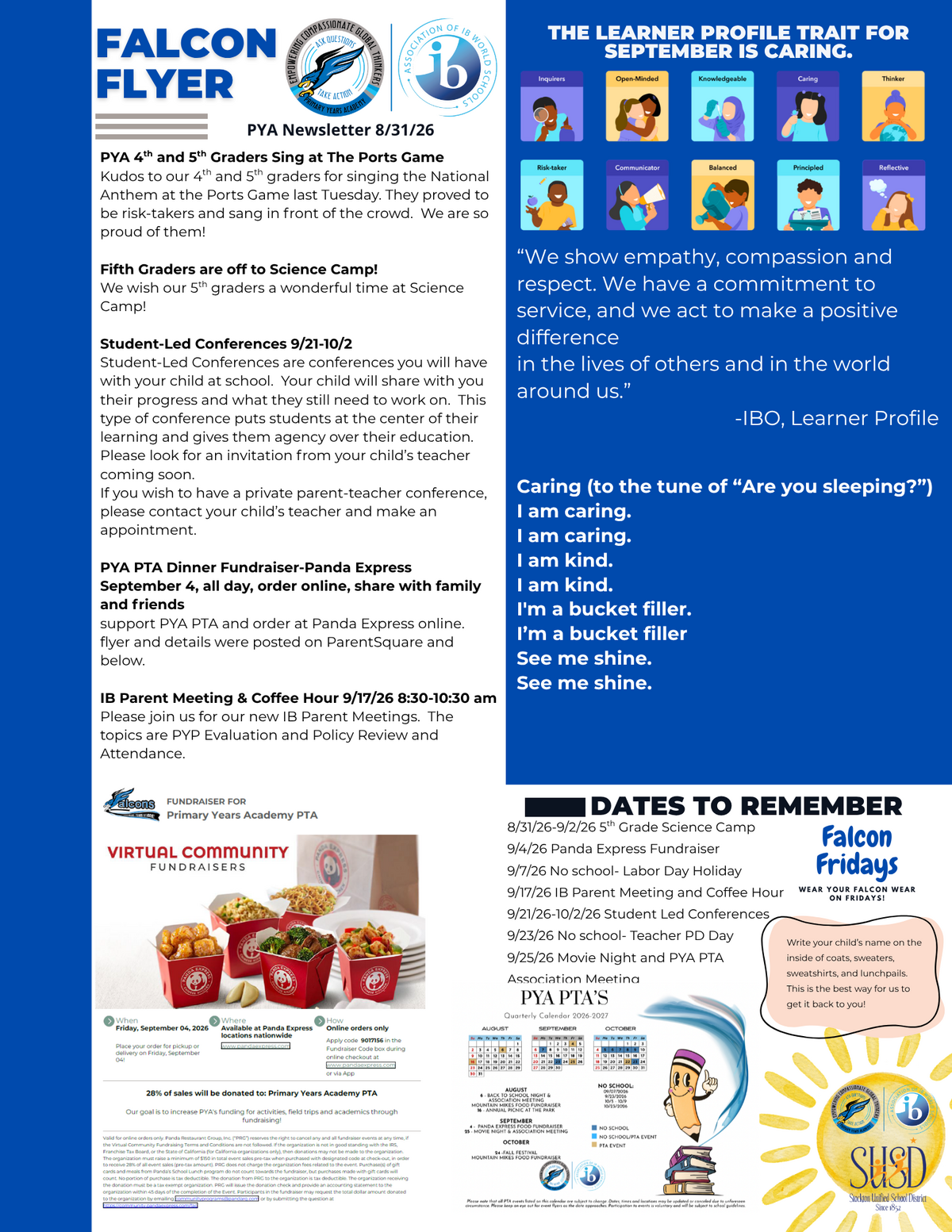 A school newsletter named Falcon Flyer from Primary Years Academy, featuring announcements, dates, and a learner profile trait for September.