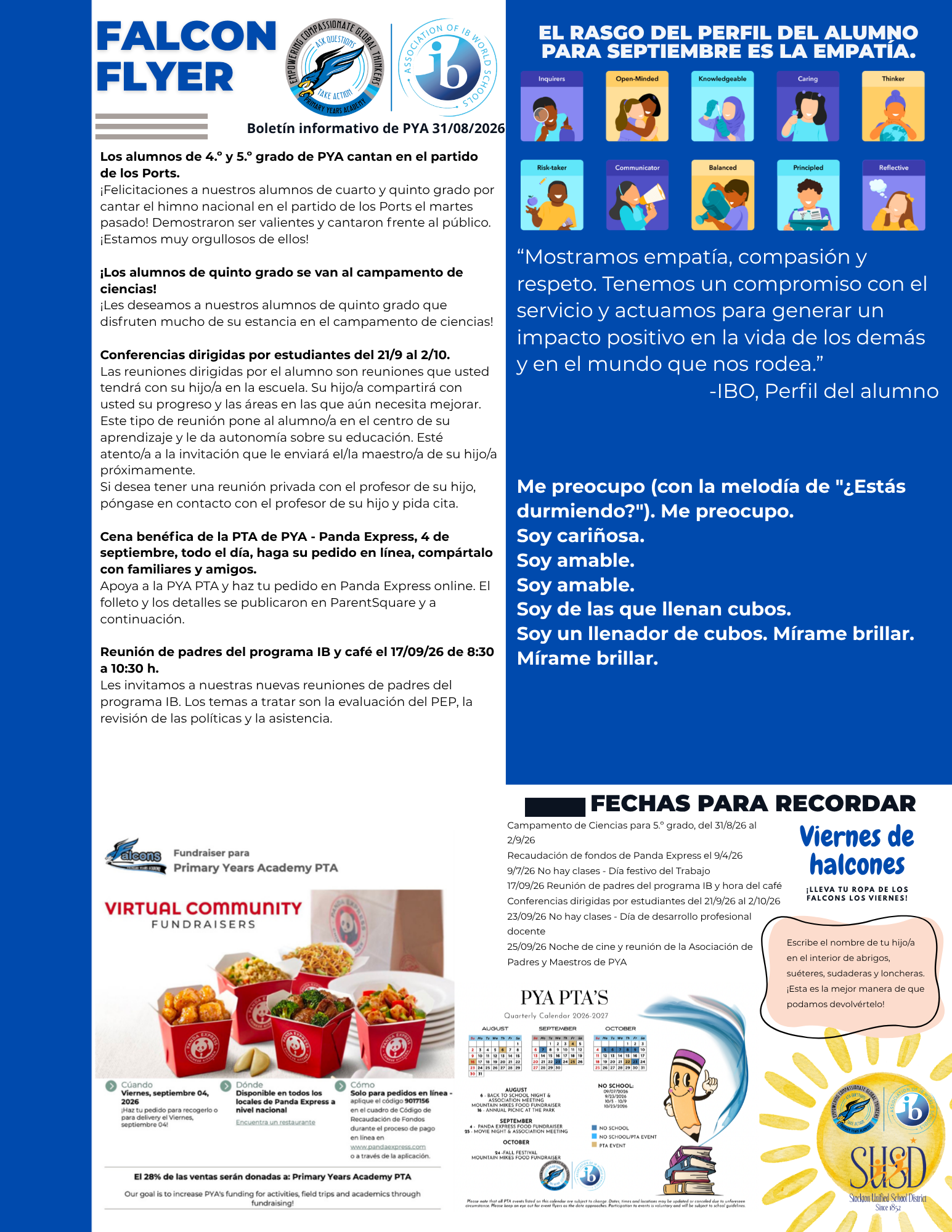 A school newsletter in Spanish titled "Falcon Flyer" dated August 31, 2026, with announcements, calendar dates, and event information.