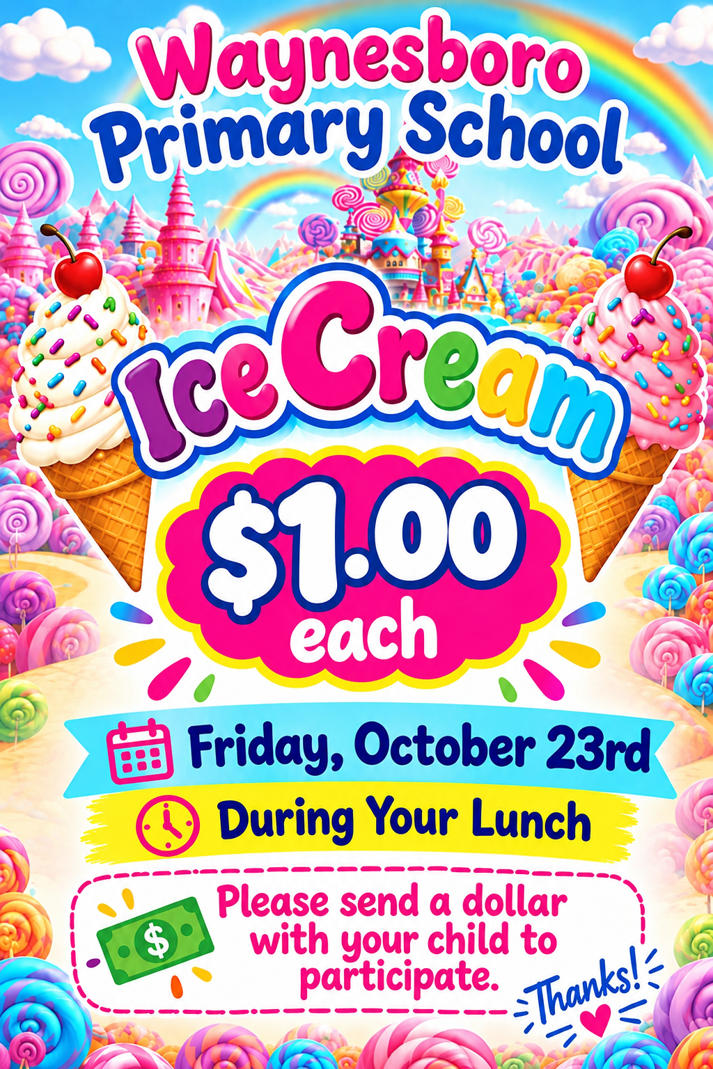 Reminder Tomorrow: Friday, October 23rd (Ice Cream $1 each )