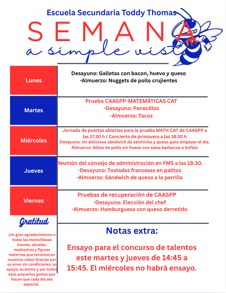 A weekly schedule for Escuela Secundaria Toddy Thomas, detailing daily events and meals.