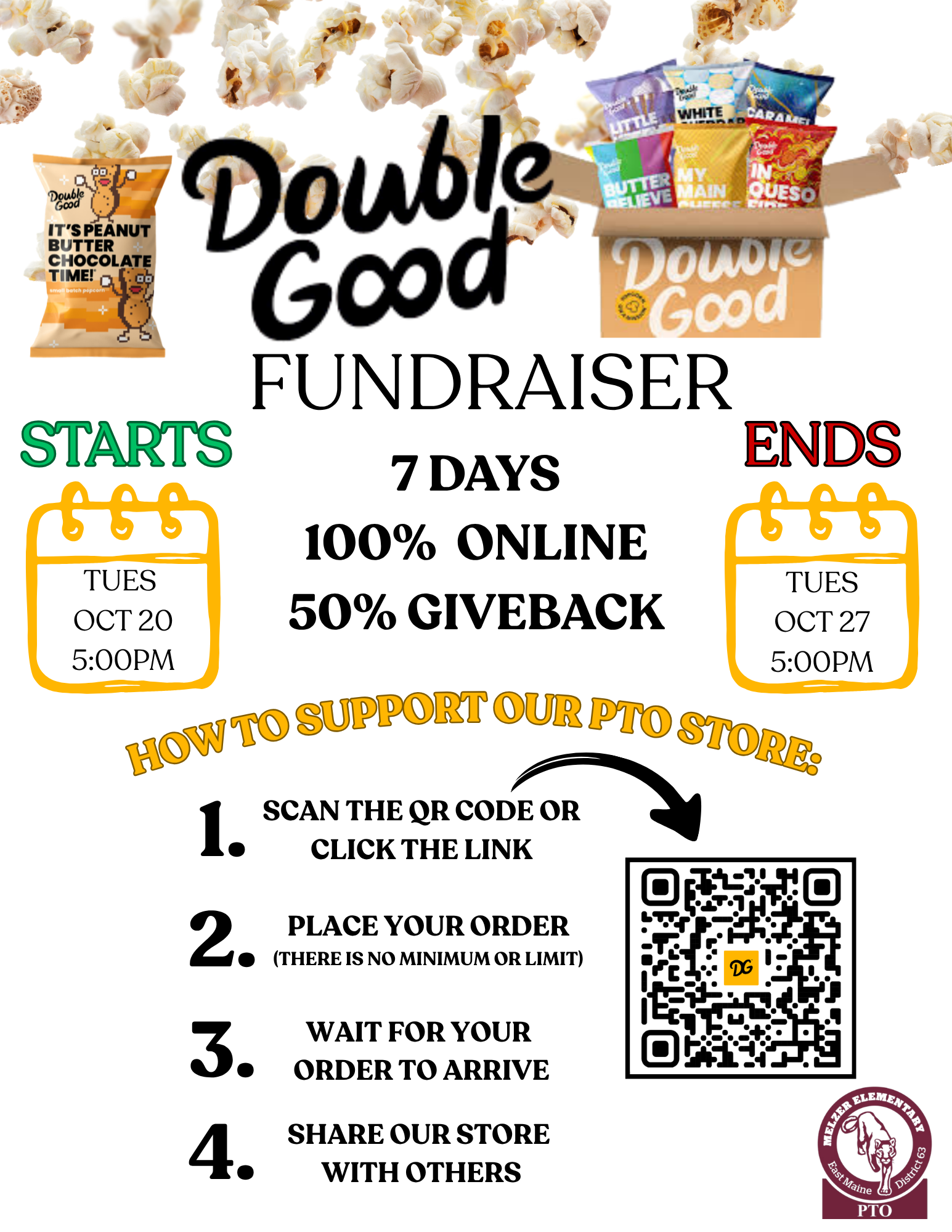 A promotional flyer for a Double Good popcorn fundraiser featuring dates, steps to support, and a QR code.