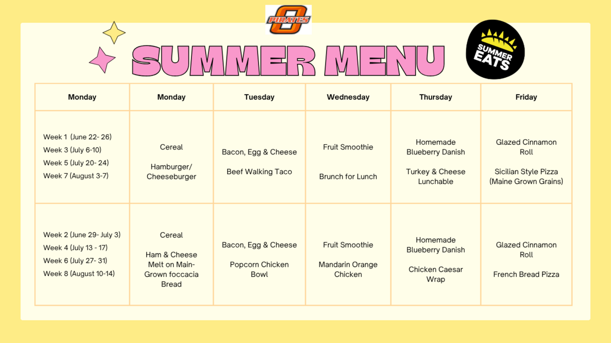 A summer menu chart displays weekly meal options from Monday to Friday, with dates for each week.