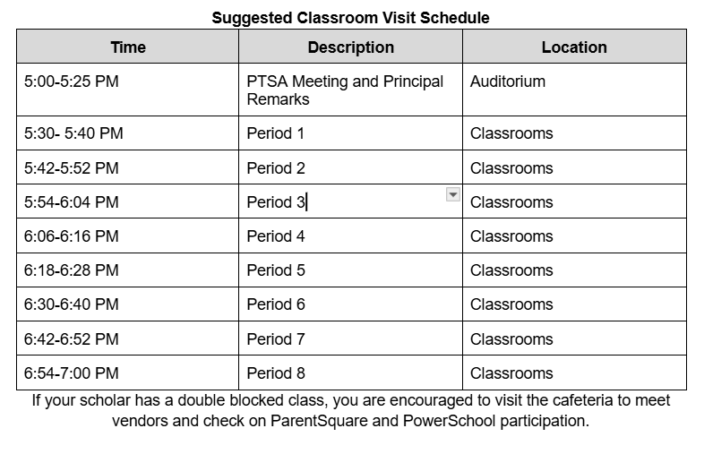 A table titled 'Suggested Classroom Visit Schedule' detailing times, descriptions, and locations for school periods.