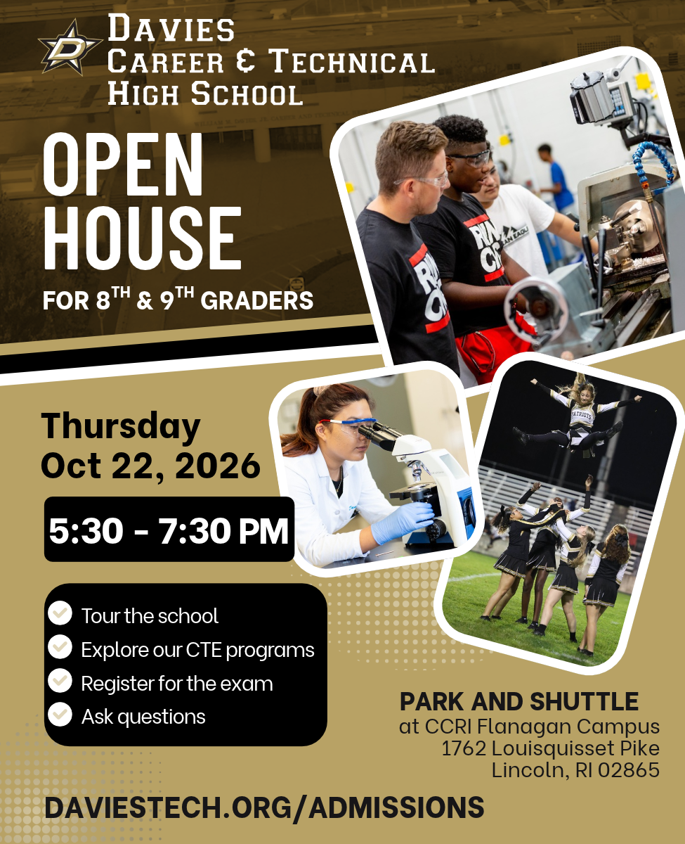 Promotional flyer for Davies Career & Technical High School Open House on Thursday, October 22, 2026, from 5:30 to 7:30 PM.