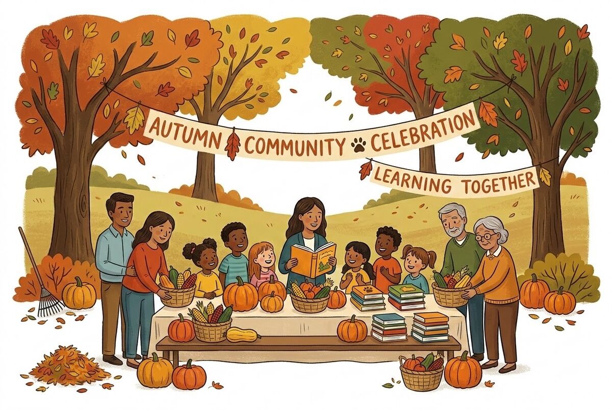 A friendly illustration representing school community, teachers, students, and family celebrating autumn together.