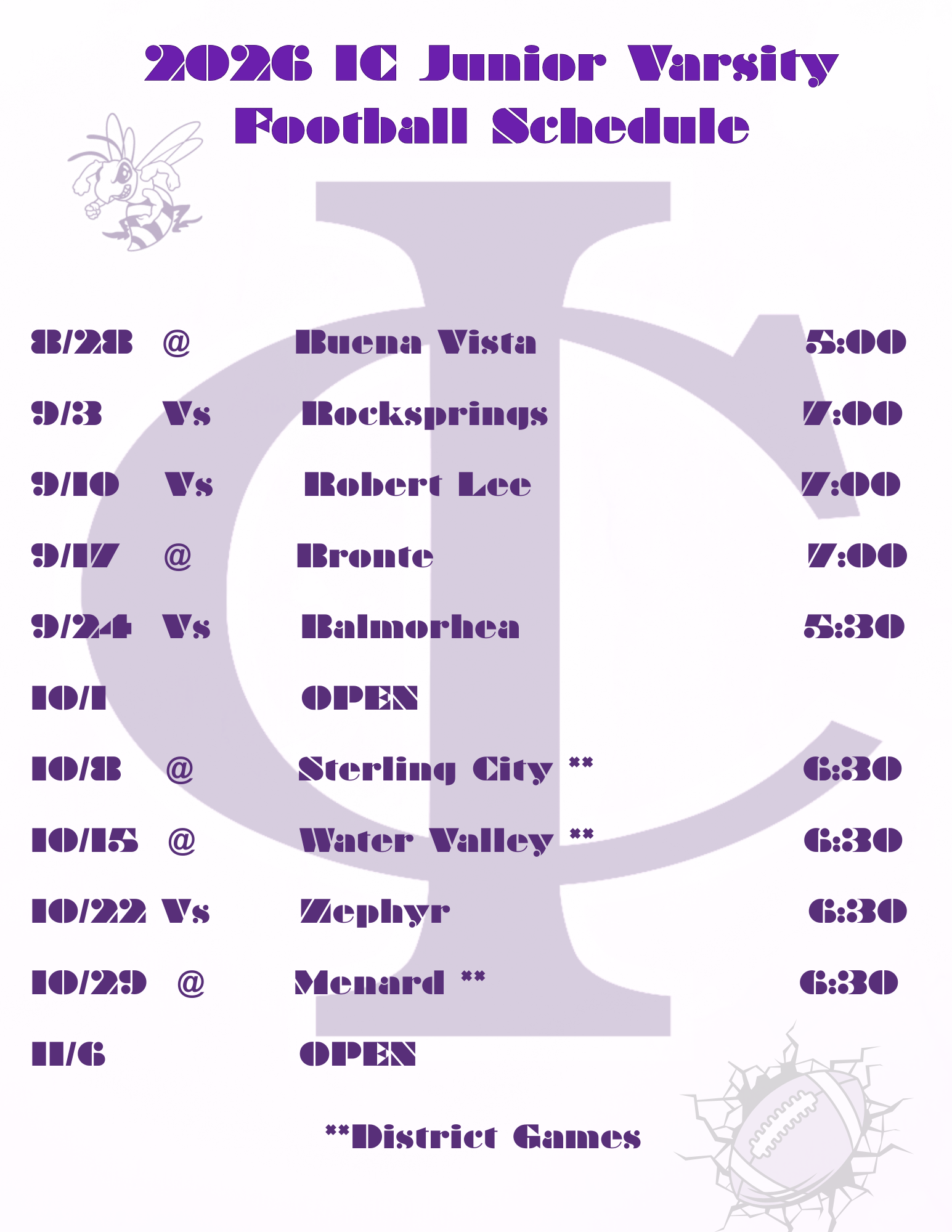 Tentative 2026 IC Junior Varsity Football Schedule