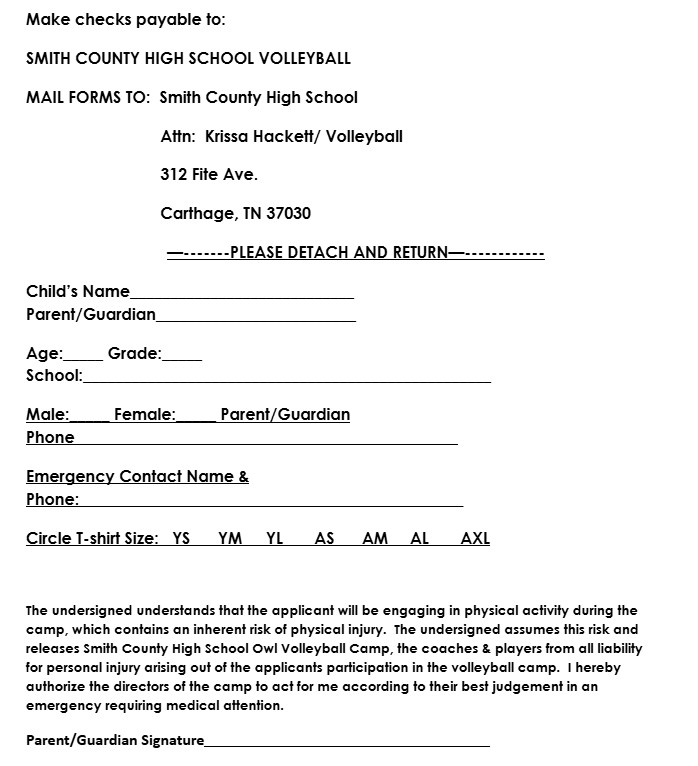 Form for Smith County High School Volleyball camp registration, requesting child's name, parent/guardian info, and emergency contact.