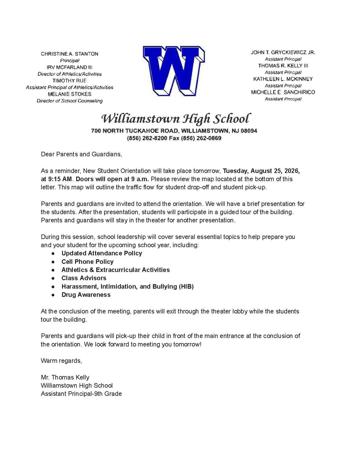 WHS New Student Orientation — Tomorrow, August 25