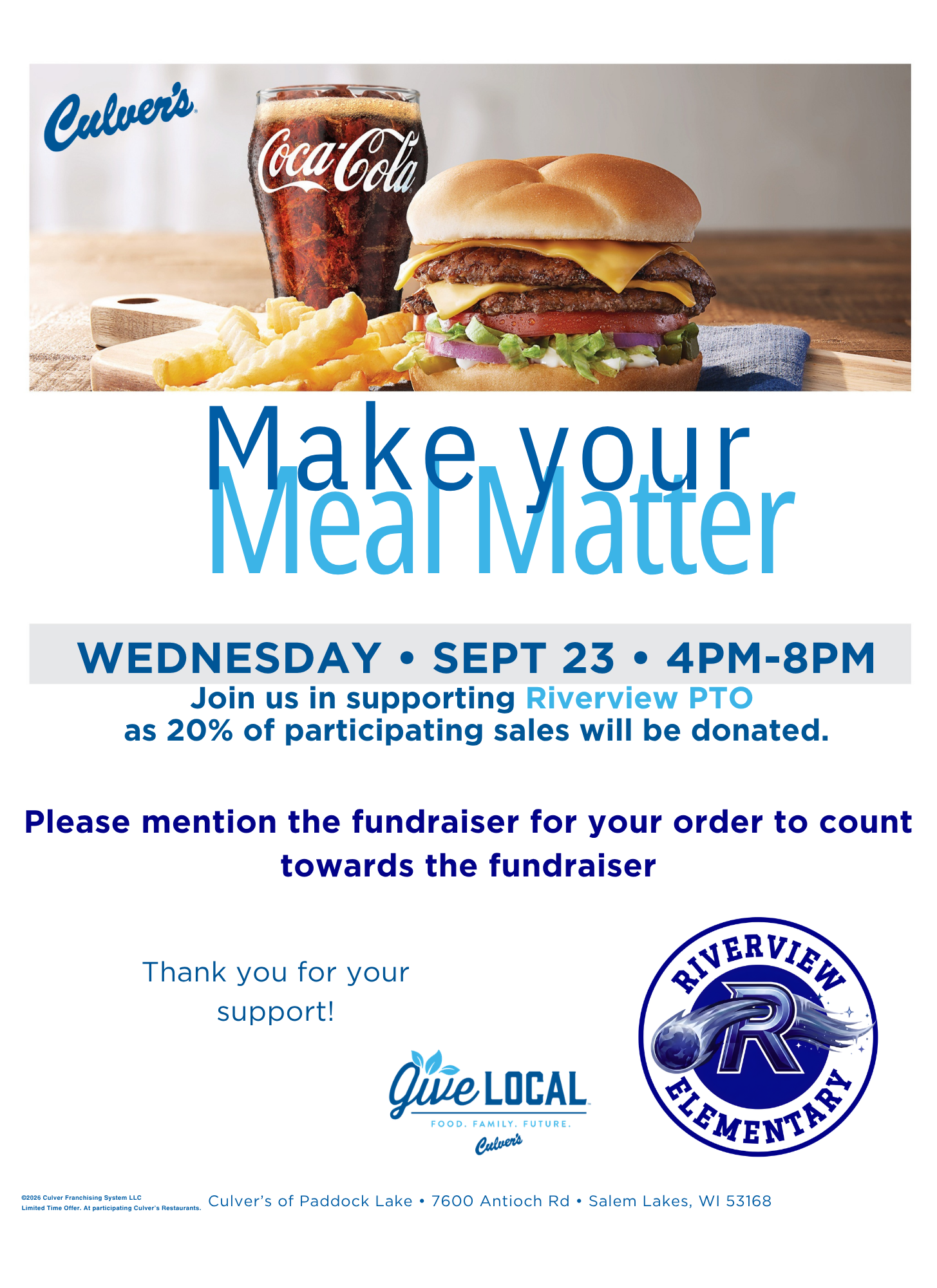 A Culver's fundraiser flyer features a double cheeseburger, fries, and a Coca-Cola, with text reading "Make your Meal Matter" for Riverview PTO on Wednesday, Sept 23.