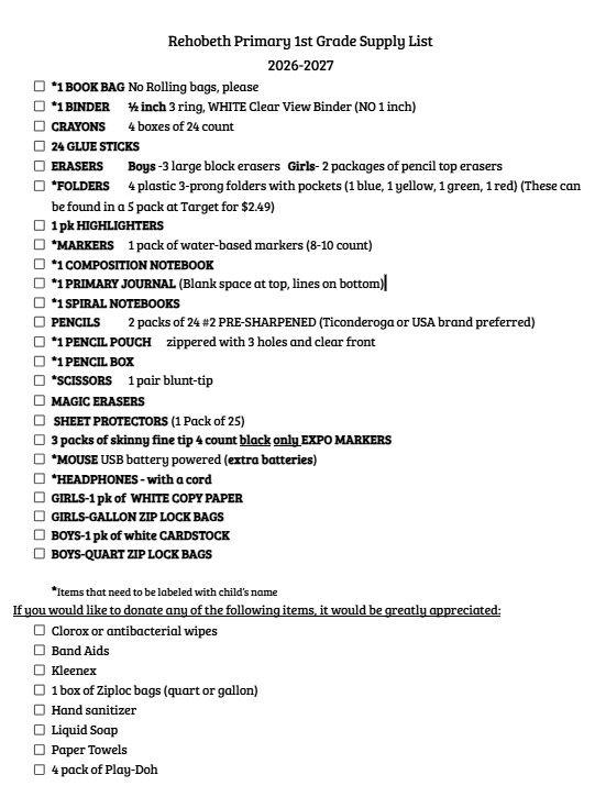 A school supply list for Rehobeth Primary 1st Grade for the 2026-2027 school year.