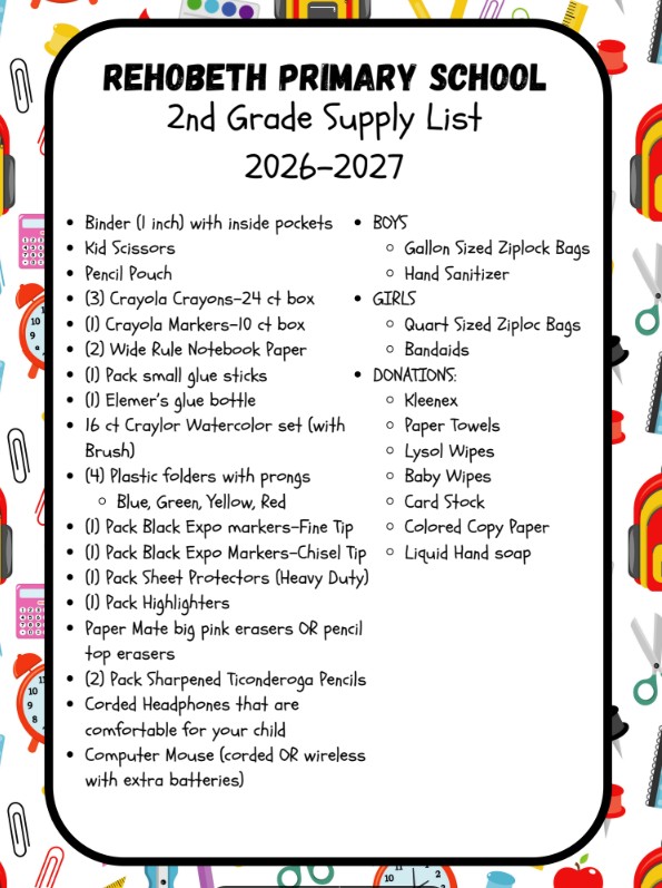 Rehobeth Primary School's 2nd Grade Supply List for 2026-2027, detailing required items.