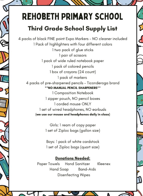 Rehobeth Primary School Third Grade School Supply List with items like markers, pencils, and notebooks.