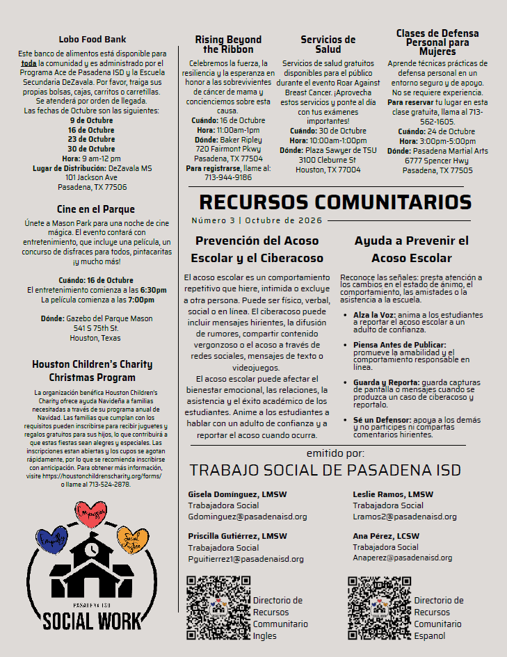 A Pasadena ISD community resources flyer in Spanish detailing food bank dates, health services, and anti-bullying programs.