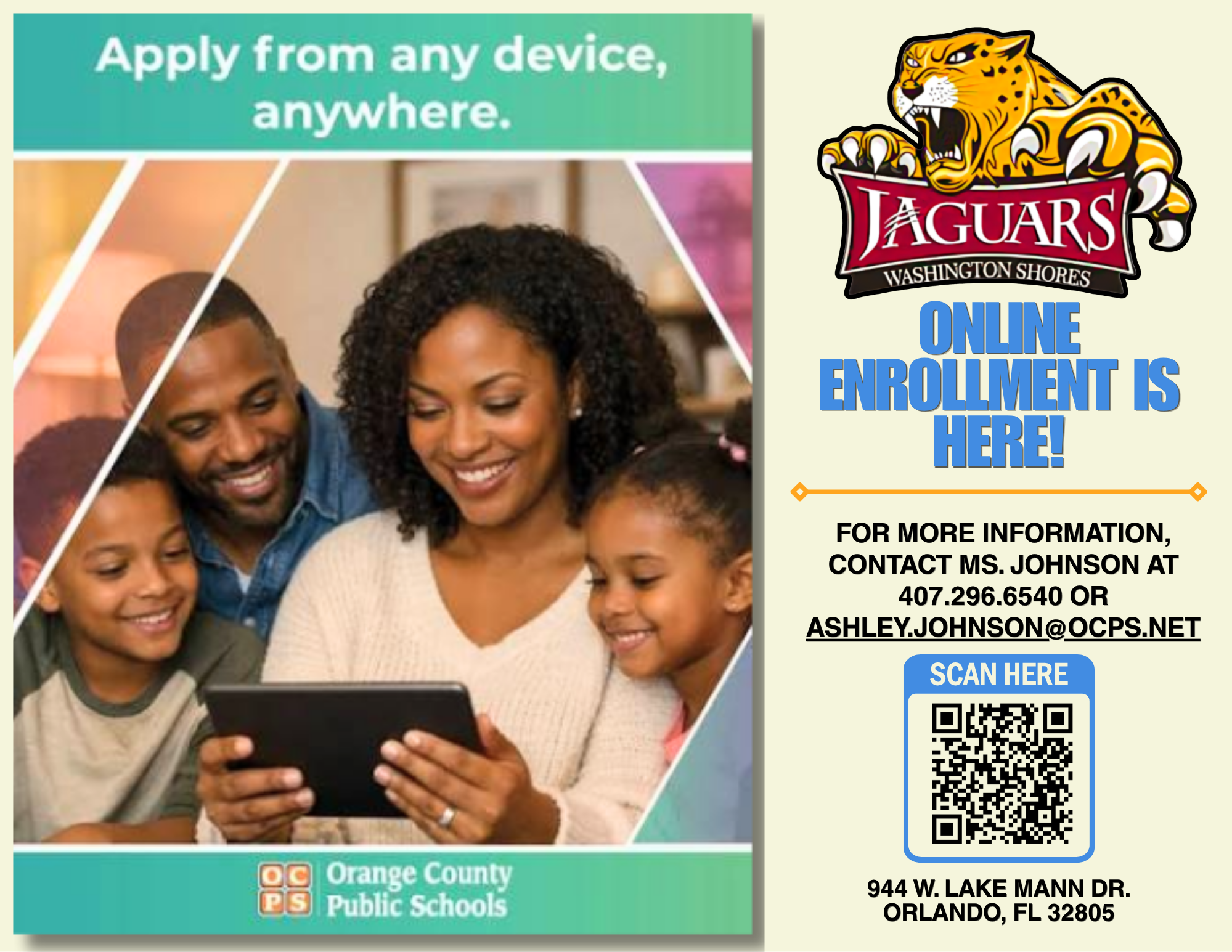 📢 Washington Shores Elementary – Online Enrollment Is Here!🐆