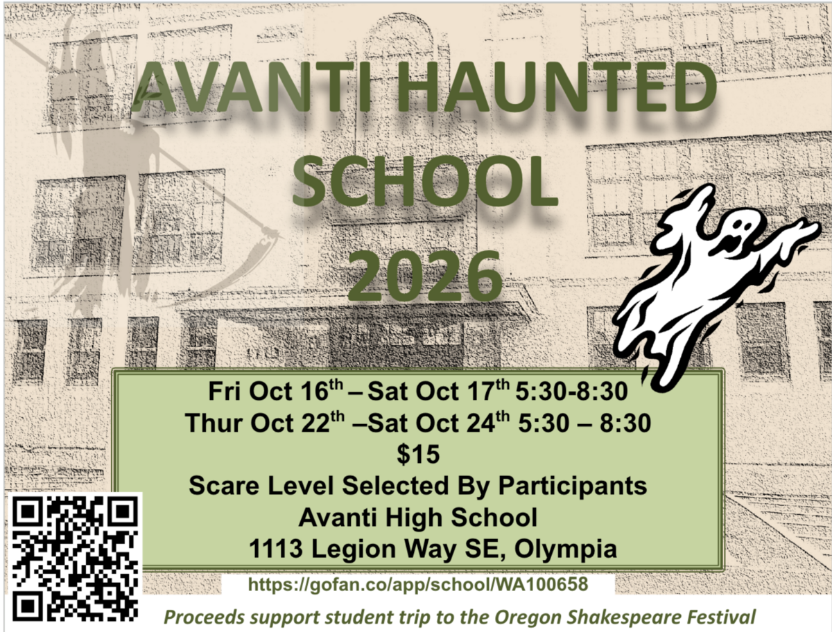 Banner show dates and times of Avanti Haunted School.  October 17, 18, 23, 24, 25  	Doors Open to the public at 5:30-8:30.  Ticket sales online only..  Tickets on sale at: https://gofan.co/app/school/WA100658