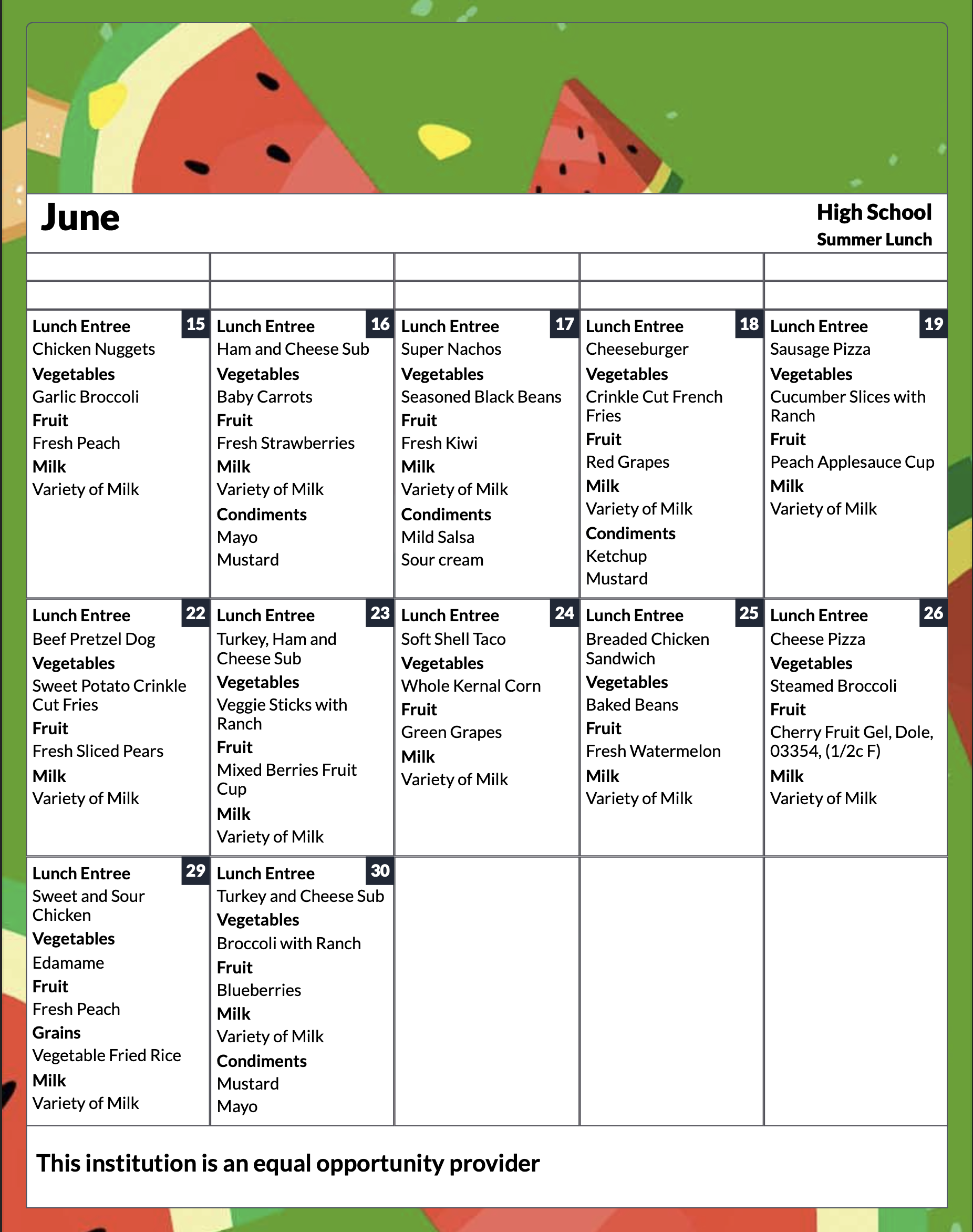 Summer Lunch Menu