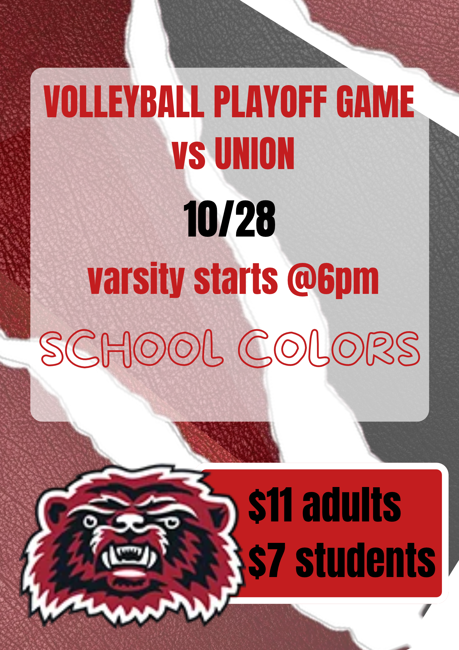 Varsity Playoff Game Tomorrow Night - Wear School Colors!!!