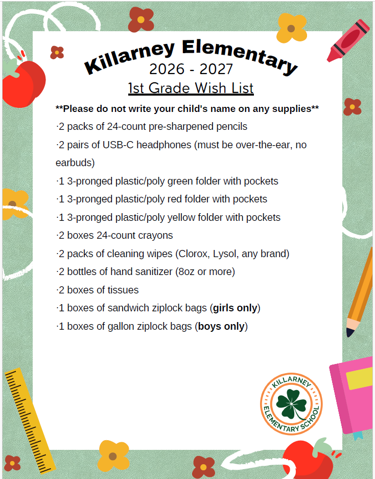 1st Grade School Supply List 26-27