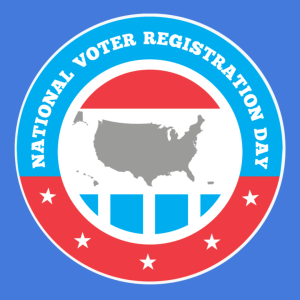A circular badge for National Voter Registration Day featuring a map of the United States in the center.