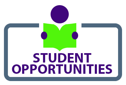 A logo featuring a purple figure reading a bright green book, surrounded by a border and the text 'STUDENT OPPORTUNITIES'.
