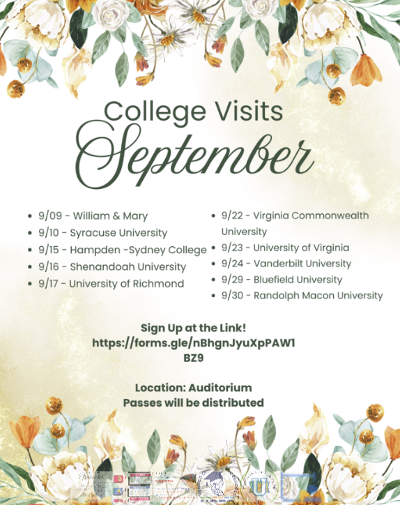 A floral-themed flyer titled 'College Visits September' lists university visit dates in September with a sign-up link and location.