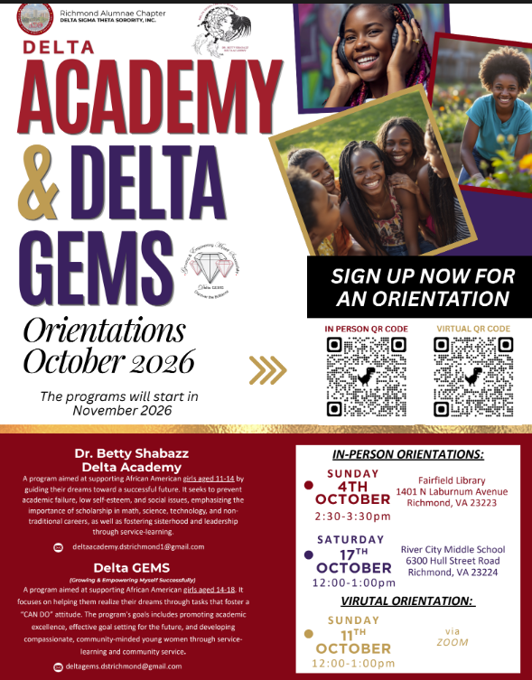 Flyer for Delta Academy & Delta GEMS orientations in October 2026, featuring photos of young women and details for in-person and virtual sessions.