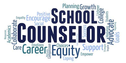 A blue word cloud featuring the prominent words SCHOOL COUNSELOR, surrounded by related terms like Equity, Career, Support, and Advocate.