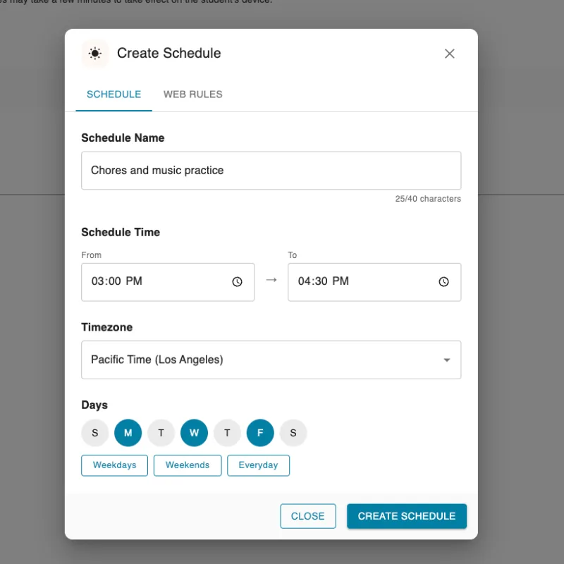 Screenshot of what it looks like to set a student's schedule in Lightspeed parent portal