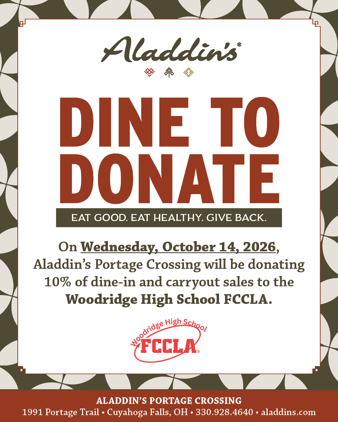 Dine to Donate - Aladdin's Portage Crossing - Wed. Oct. 14, 2026