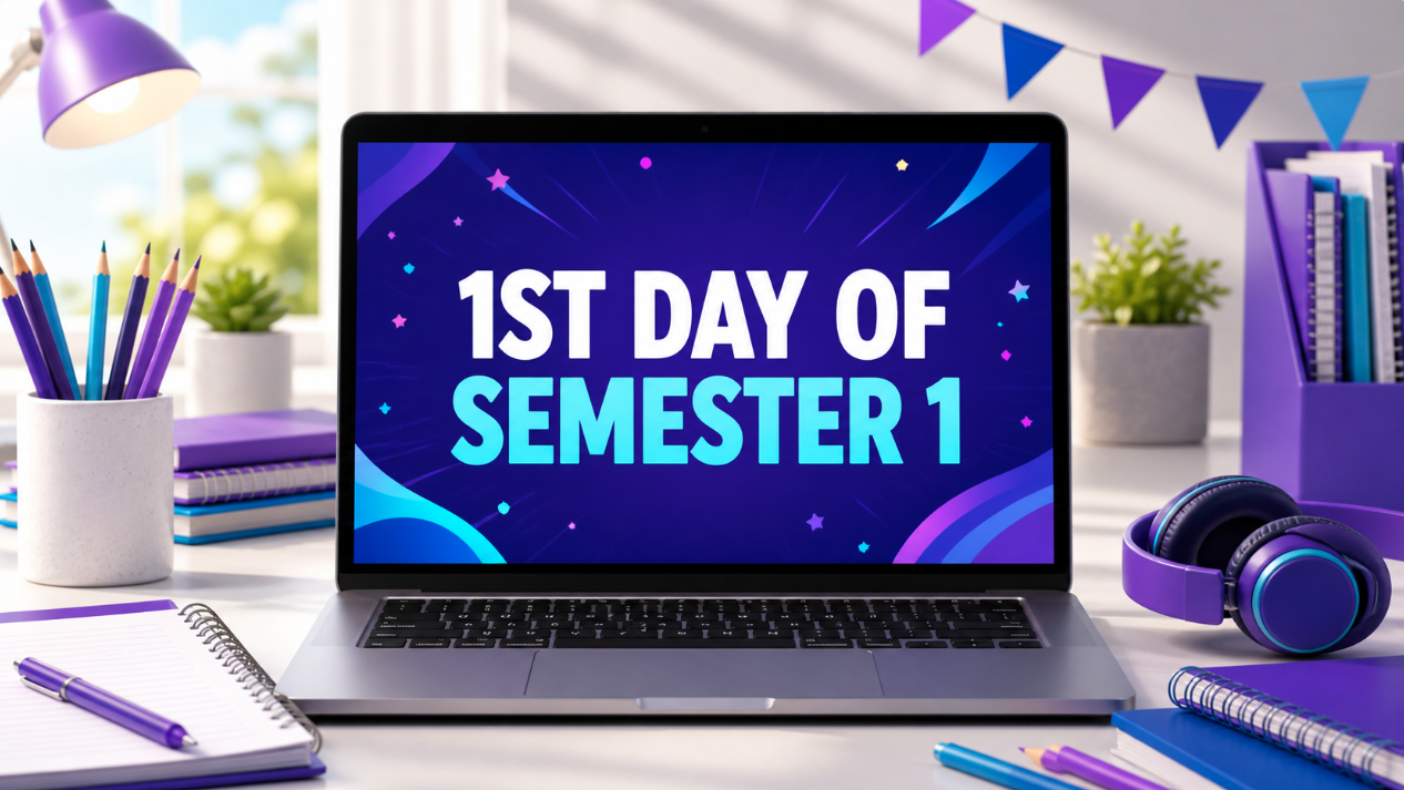 A laptop screen displays '1ST DAY OF SEMESTER 1' with a vibrant purple and blue background.