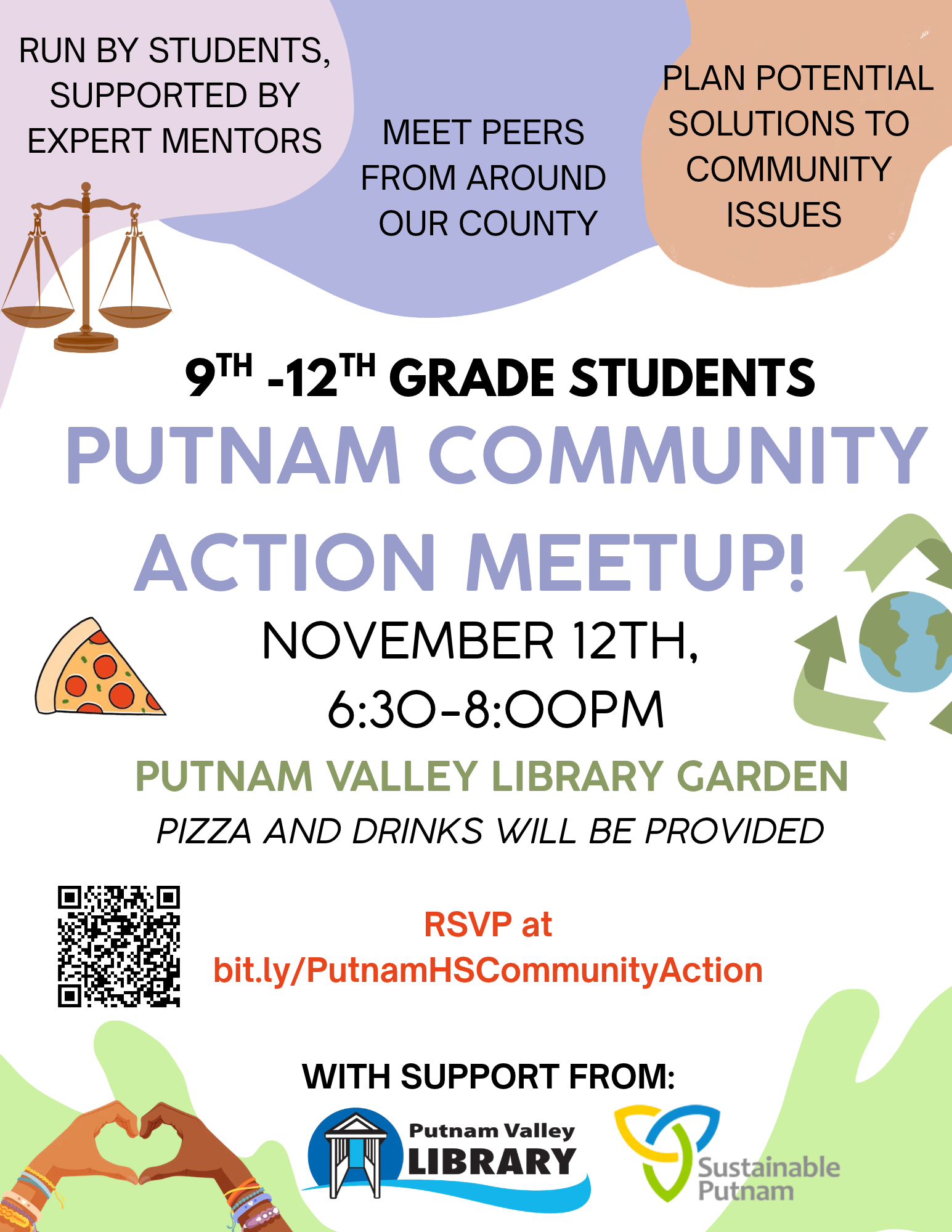 A promotional flyer for the Putnam Community Action Meetup for 9th-12th grade students on November 12th, featuring details on activities, food, and location.